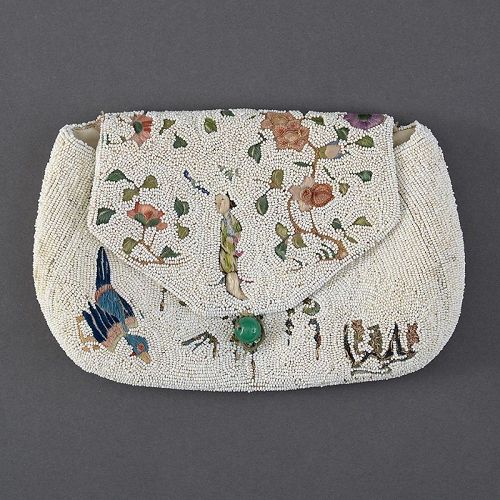 Antique Beaded Evening Purse with Chinese Silk Embroidery. (item