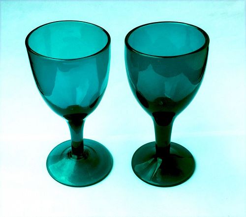 Pair of Bristol Peacock Blue wine glasses, Georgian (item #1444676)