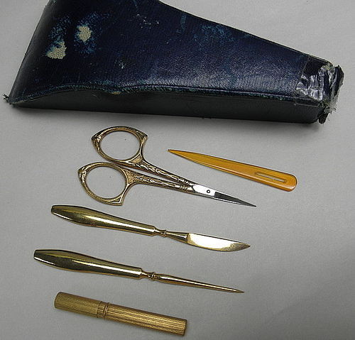 Vintage Sewing Kit with Original Blue Leather Case Gold Sissors (item  #1338599)