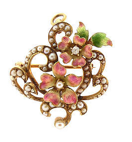 Art Nouveau 14K Gold Enamel Diamond Pendant & Pin (item #1263964)