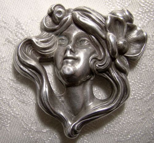 Art nouveau sterling lady on lead pin